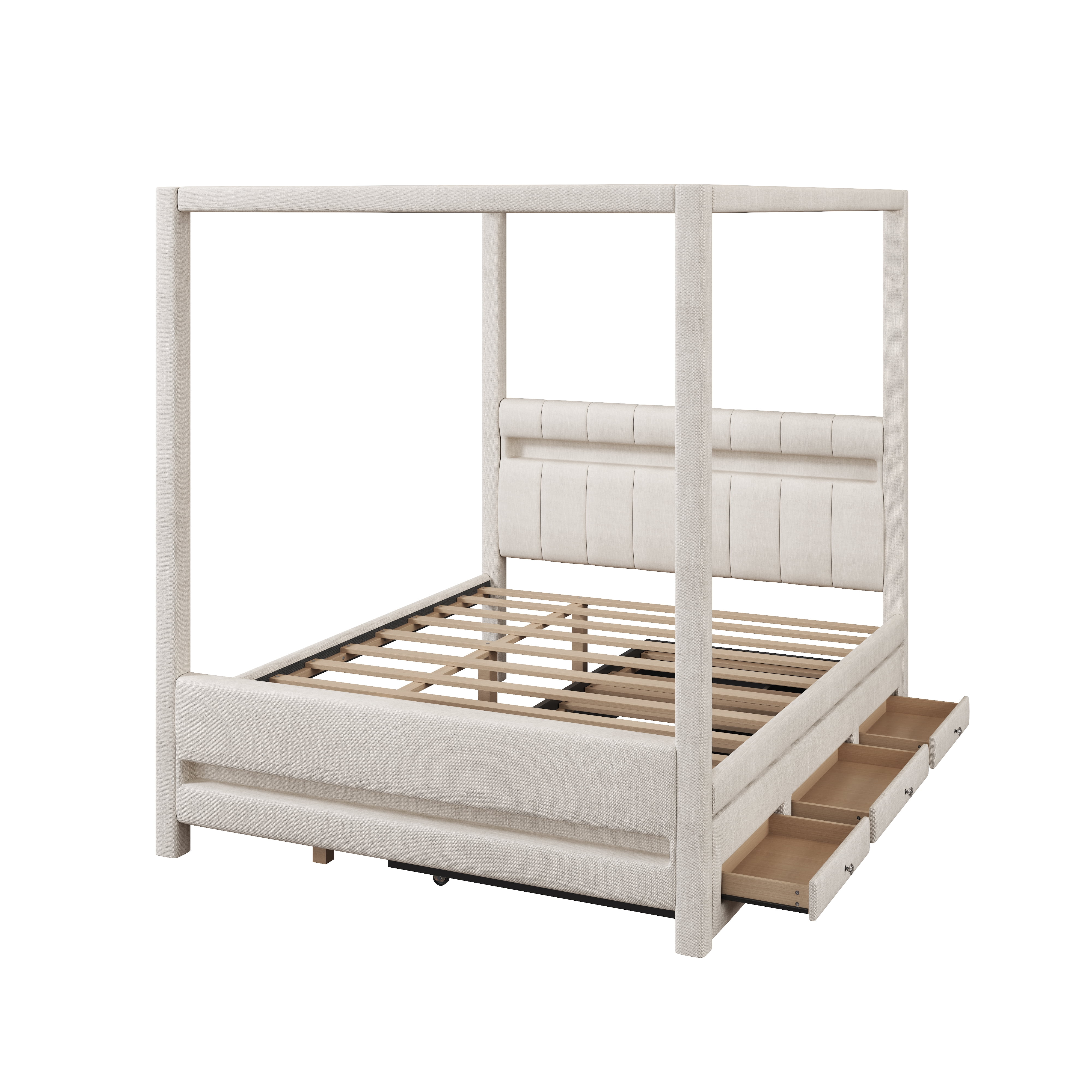 Queen Size Upholstered Canopy Platform Bed with Twin Trundle, 3 Storage Drawers and LED Lights