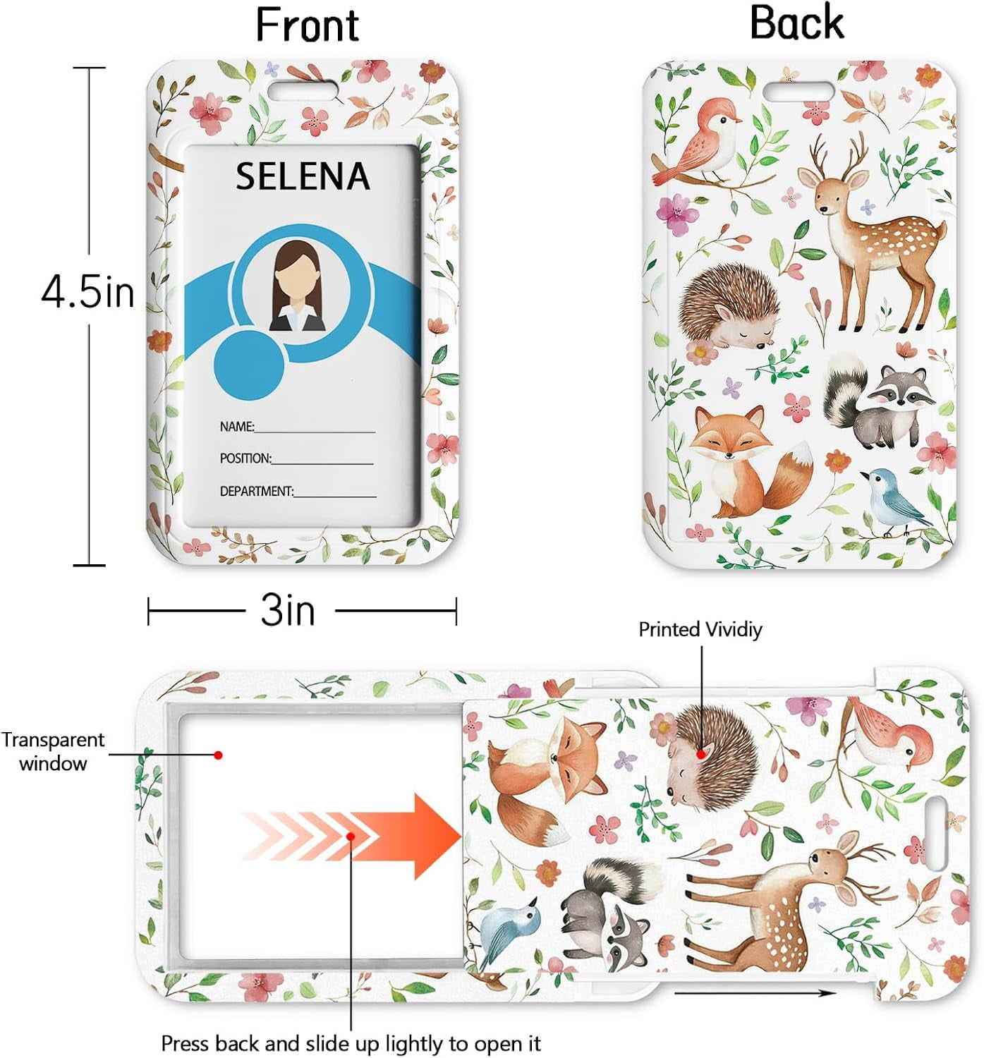 MM Fox Badge Holder Retractable Lanyard, Lanyards for ID Badges Name Tags Vertical Card Holder, Detachable Lanyard Badge Reel Retractable, Teacher Nurse Workers Women Office Gifts Cute Animal Flowers