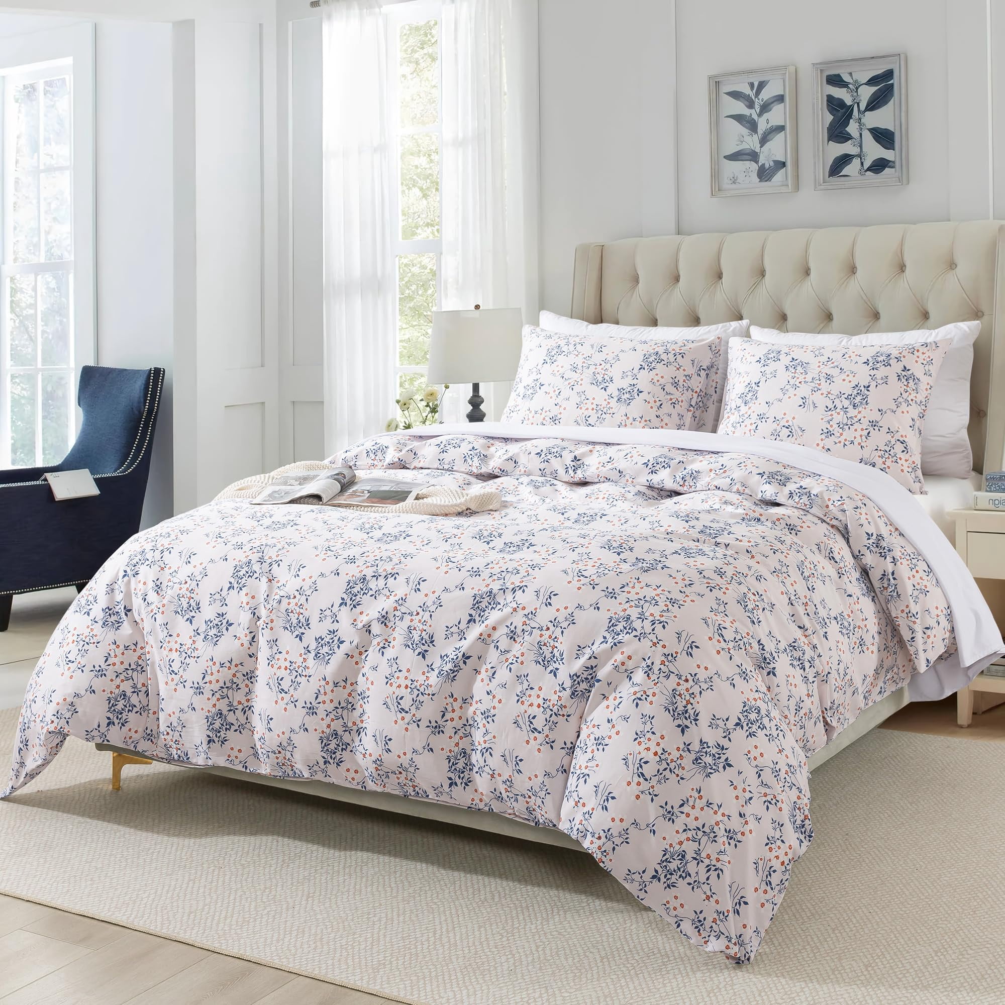 HoneiLife 3pc Duvet Cover Queen Size - 100% Cotton Comforter Floral Breathable Duvet Cover with Zipper Closure & Corner Ties, Blue Leaves