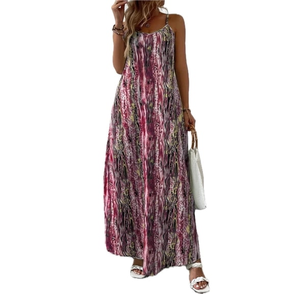 Women's Full Size Printed Scoop Neck Maxi Cami Dress 100% Polyester Lightweight Flowing For Elegant Weather Daily Wear