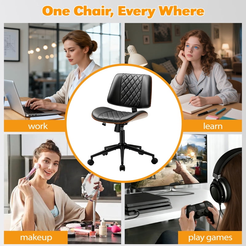 Homall Armless Office Chair, Curved Wood Accent Desk Chair with Adjustable Height, PU Task Chair for for Small Spaces, Black