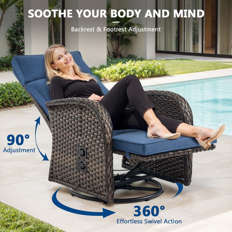 3-Piece Patio Swivel Recliner Chairs with Side Table, Outdoor Wicker Reclining Lounge Chairs with Adjustable Back and Footrest, Rattan Outdoor Furniture Set with Blue Cushions