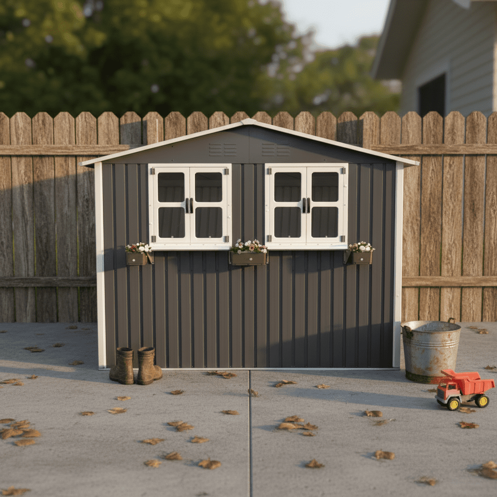 Mintazer 6×9ft Modern Metal Outdoor Storage Shed with Windows & Lockable Doors, Waterproof Weatherproof Garden Shed for Backyard Patio, Gray