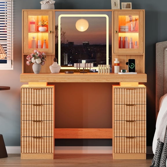 FANRAL Large Fluted Vanity with LED Lighted Mirror,Built-in Cabinet Lighting & Multi-Drawer Storage,Modern Dressing Table for Bedroom Beauty Space,Natural Oak Vanity