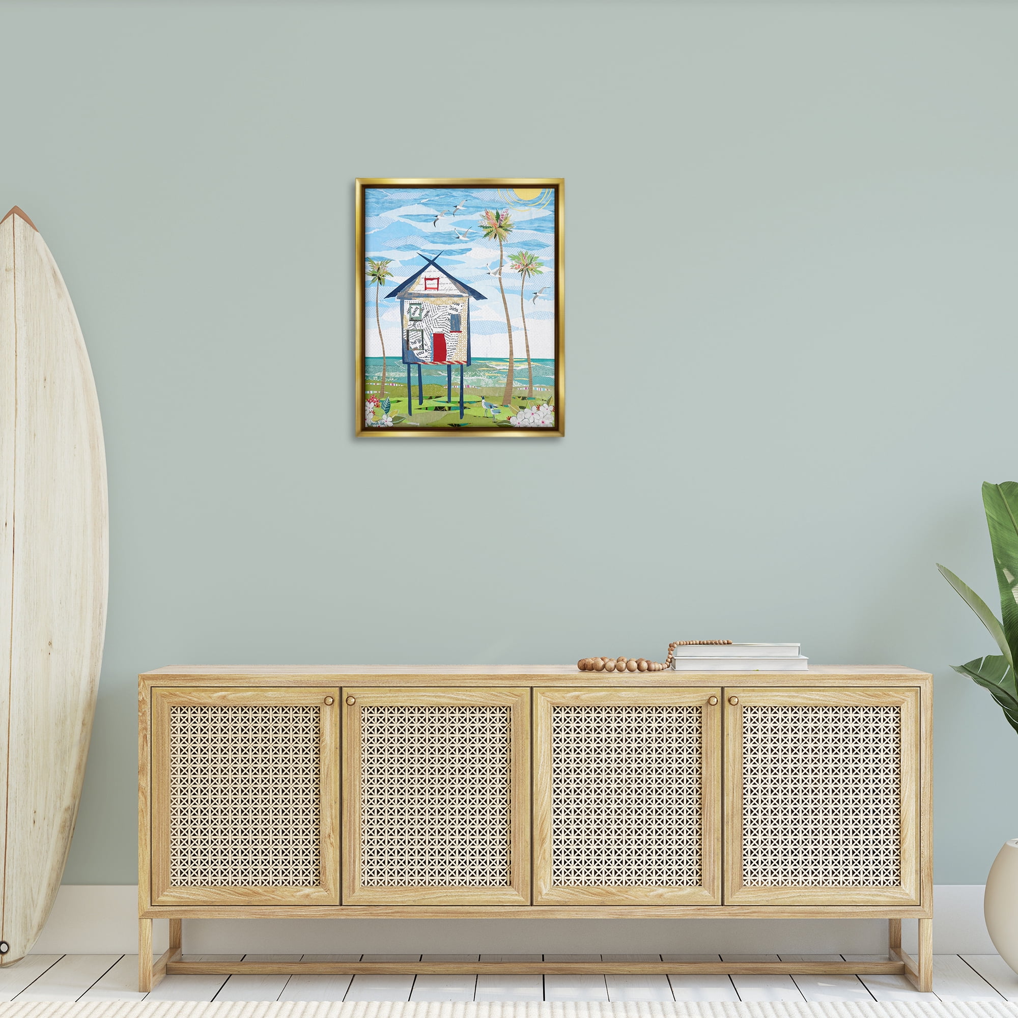 Stupell Industries Beach Vacation Getaway Coastal Painting Gold Floater Framed Canvas Art Print Wall Art, 25 x 31