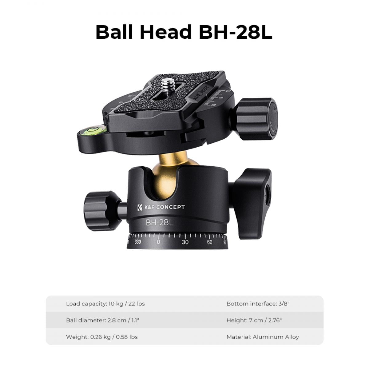 K&F Concept 64"/1.6m Lightweight Travel Tripod Compact Aluminum Alloy Tripod 10kg/22lbs Load Capacity with 28mm Metal Ball Head & Detachable Monopod Golden