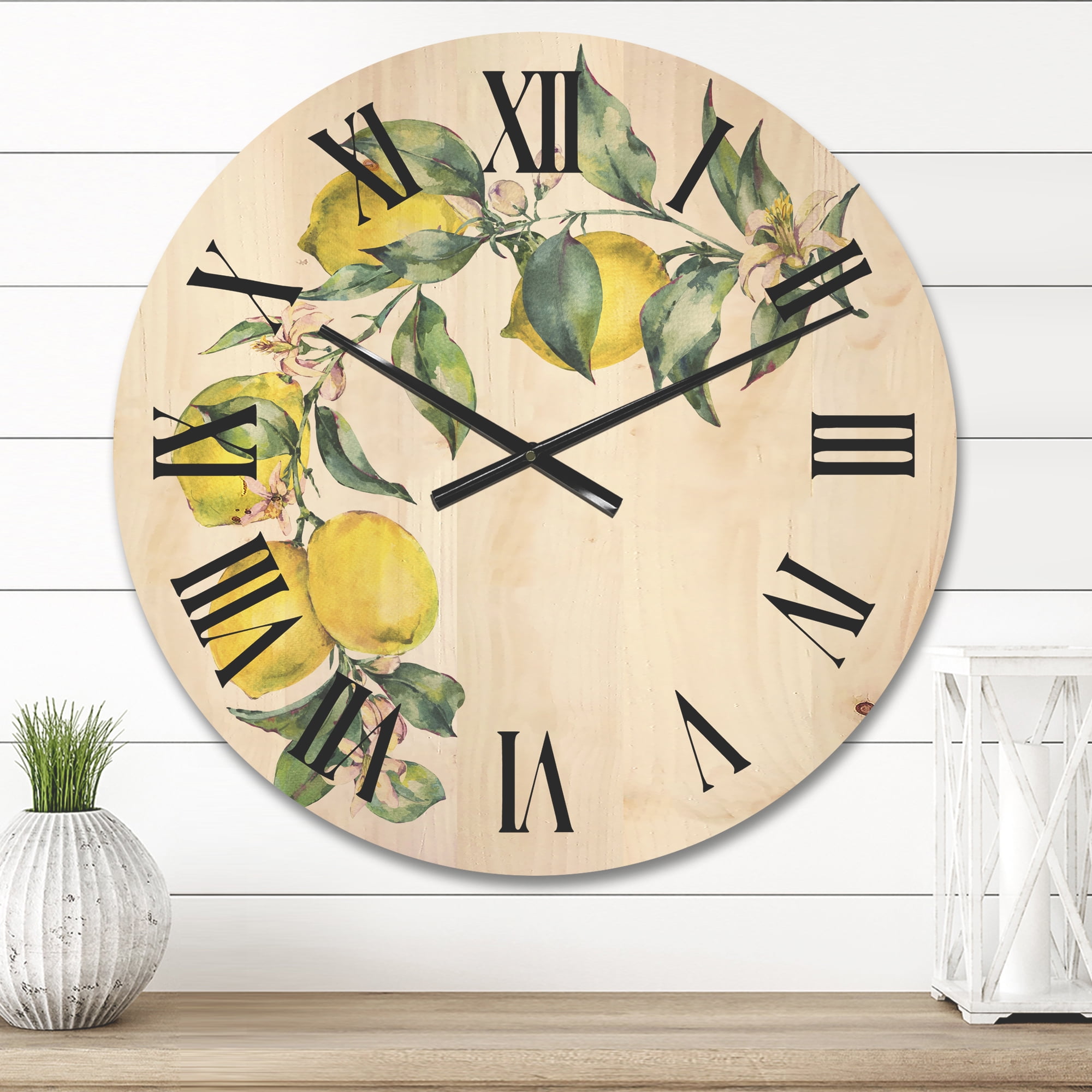 Designart 'Branch of Leaves and Yellow Lemons II' Tropical Wood Wall Clock