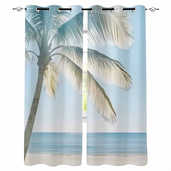 Blue Coastal Blackout Curtains 84 Inches Long for Bedroom, Summer Palm Trees Vacation Watercolor Thermal Insulated Room Darkening Black Out Window Curtain Panels Grommet Drapes for Living Room