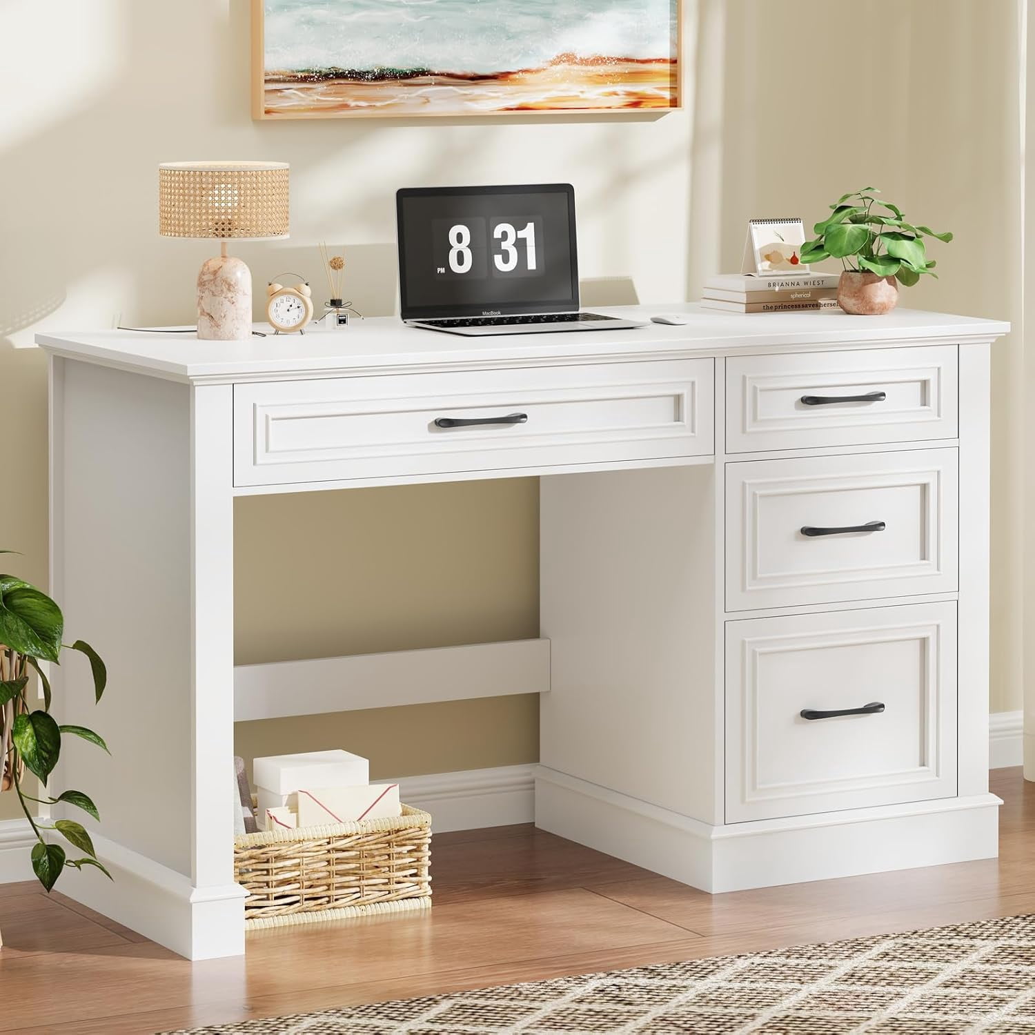 Farmhouse 47" Executive Desk with File Drawer, Computer Desk with 4 Drawers, Workstation for Study, Home Office, Writing, Cream White.
