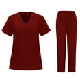 thumbnail image 2 of Jinhomg Womens Medical Scrubs Set 2 Piece Lightweight Nursing Uniform Casual Loose Short Sleeve V-Neck Tunics with Long Pants Summer Daily Workwear Wine M, 2 of 6