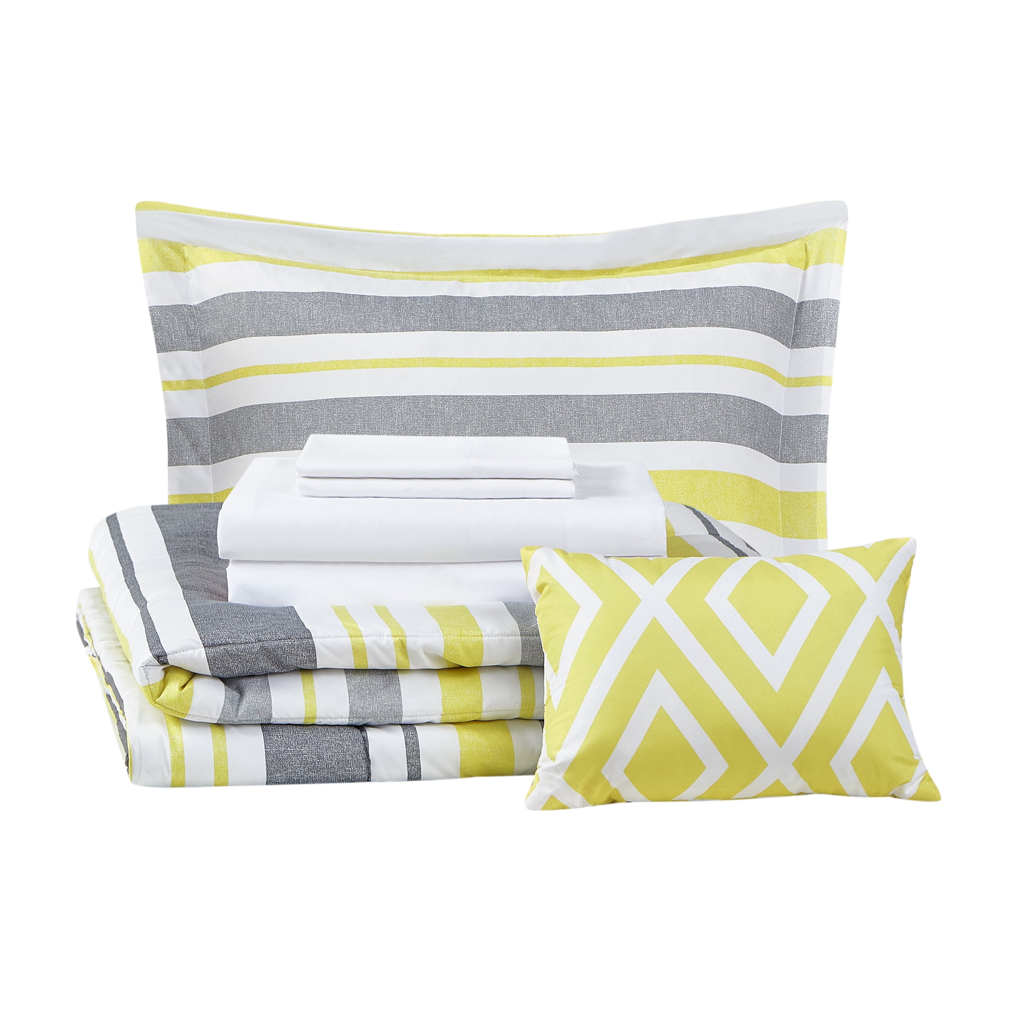 Mainstays Grey and Yellow Stripe 8-Piece Bed-in-a-Bag Comforter Set with Sheets, Queen