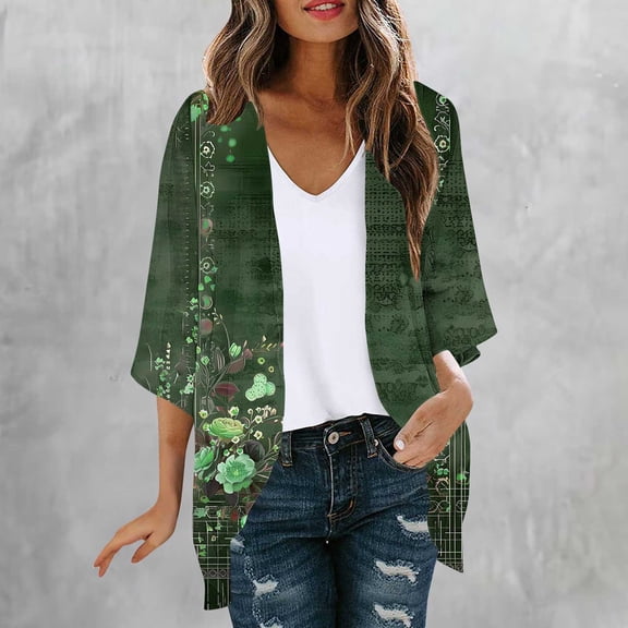 NTACZA 3/4 Sleeve Summer Cardigans for Women Lightweight Open Front Boho Floral Flowy Kimono Relaxed Beachwear Coverups Green