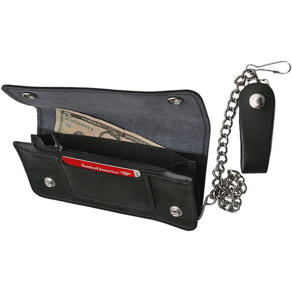 SZCO 8-Inch Long Genuine Leather Bi-Fold Rider Wallet Motorcycle Wallet with 12-Inch Chain and Snap Belt Loop