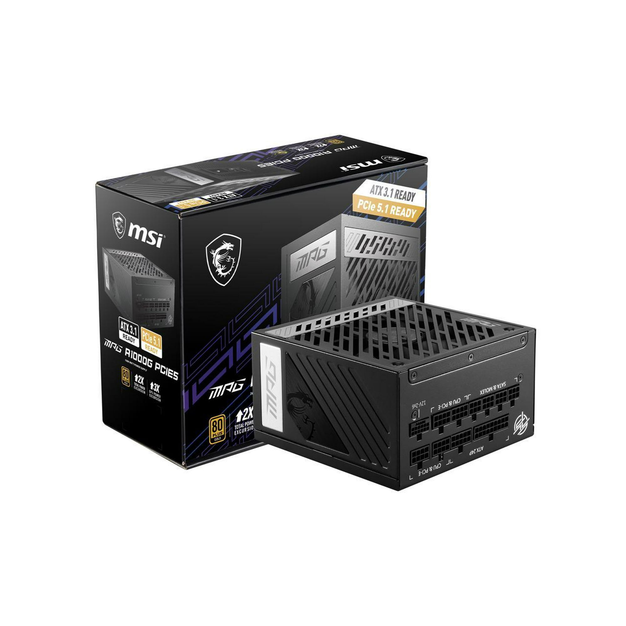 MSI - MPG A1000G PCIE5, 80+ GOLD Full Modular Gaming PSU, 12V-2x6 Cable, 5080 5090 ATX 3.1 & PCIE 5.1 Ready, 1000W Power Supply, 10 Year Warranty