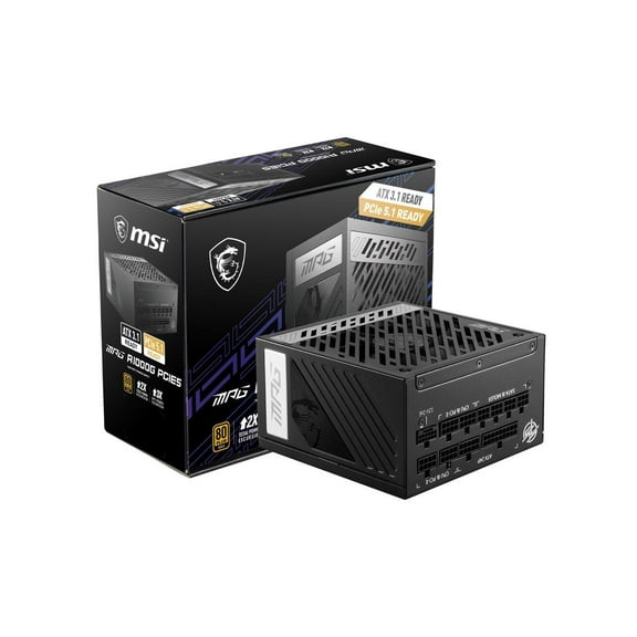 MSI - MPG A1000G PCIE5, 80 GOLD Full Modular Gaming PSU, 12V-2x6 Cable, 5080 5090 ATX 3.1 & PCIE 5.1 Ready, 1000W Power Supply, 10 Year Warranty