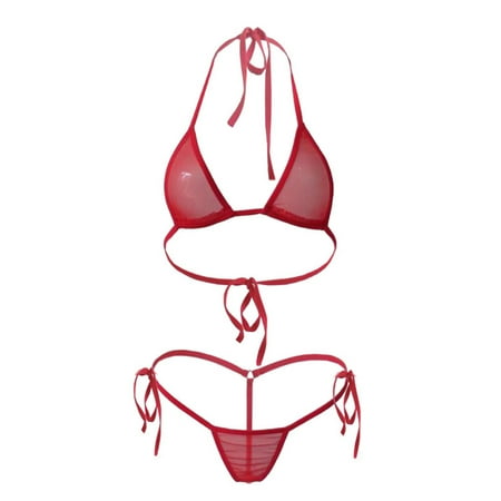 UTSJKR Savings Sexy Bikini Underwear Women s Three-Point Swimsuit Suit Transparent Mini lace up Thong Sheer Mesh Halter Bikini Sets Red Free Size