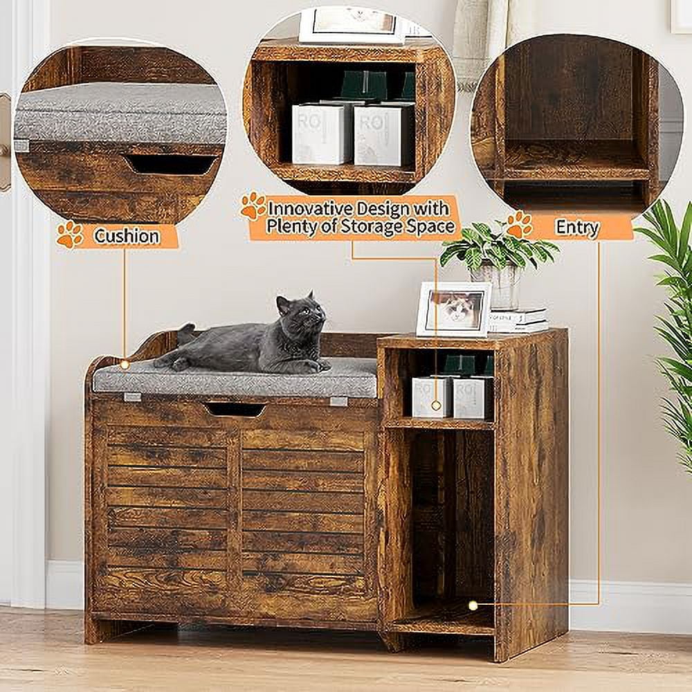 Faitaliicy Litter Box Enclosure With Cushion Hidden Cat Litter Box With Top Opening Flip Top Privacy Cat Litter Box Cabinet Wooden Cat Washroom Storage Cabinet Bench For Living Room Bedroom