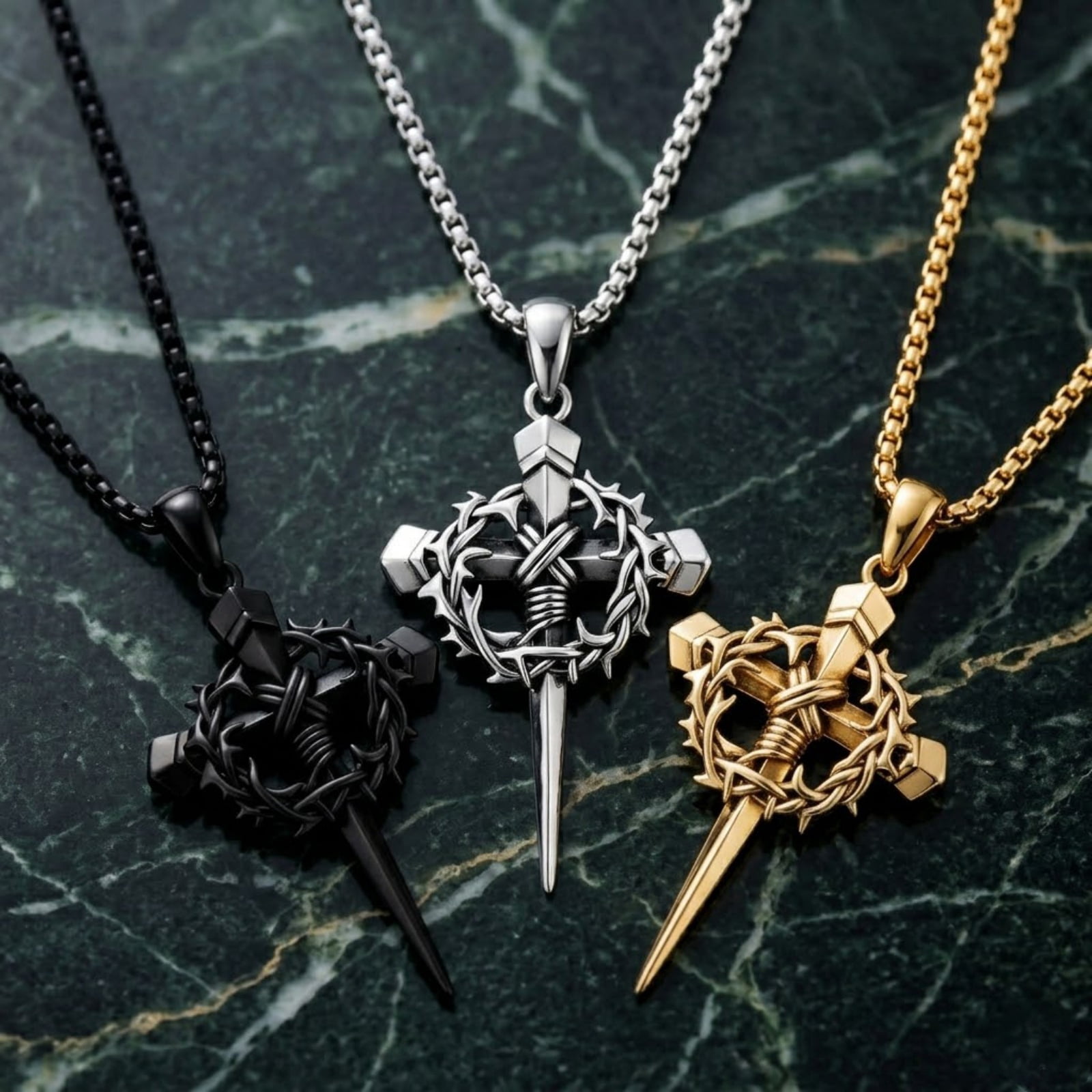 Crown of Thorns Cross Necklace for Men Women, Oxidized Silver Jesus Cross Necklace, Crucifix Nail Pendant, Vintage Christian Religious Gift