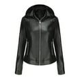 thumbnail image 1 of Qertyioot Veste en Cuir pour Femmes Col Montant Ajustée avec Capuche à Fermeture Éclair (Détachable), 1 of 6