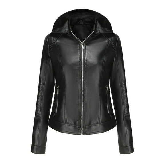 Women's Faux Leather Bomber Jacket Casual Women's Leather Standing Collar Slim Fitting Zipper Hood (detachable) Jacket Leather Coat Black XXL