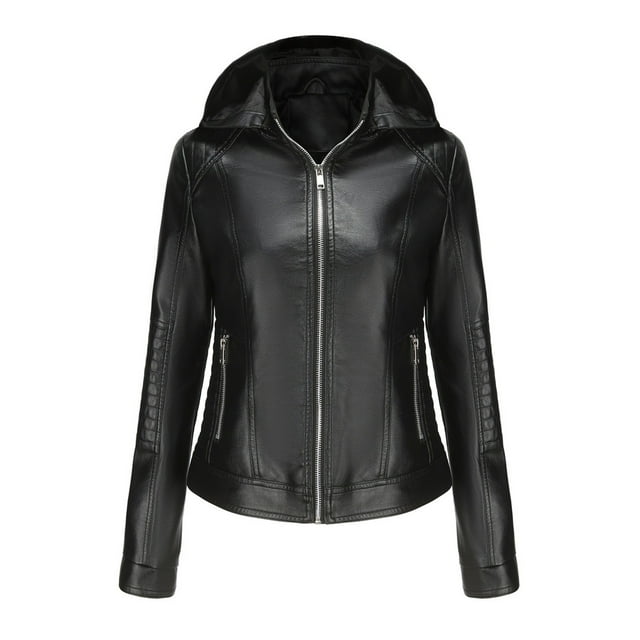 Qertyioot Veste en Cuir pour Femmes Col Montant Ajustée avec Capuche à Fermeture Éclair (Détachable)