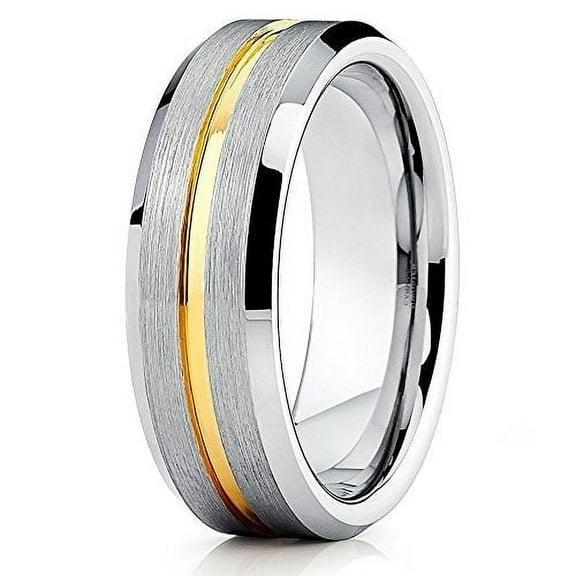 Tungsten Wedding Band Tungsten Carbide Ring 7mm Yellow Gold Tungsten Gray Ring Men and Women Comfort Fit