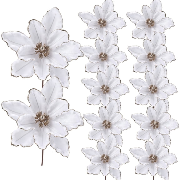 12 Pack Large Glitter Artificial Poinsettia and Magnolia Christmas Flowers with Stems for Holiday Tree Wreath Table Centerpiece Wedding DIY Decor Collapsible Storage Diameter 12.8”White