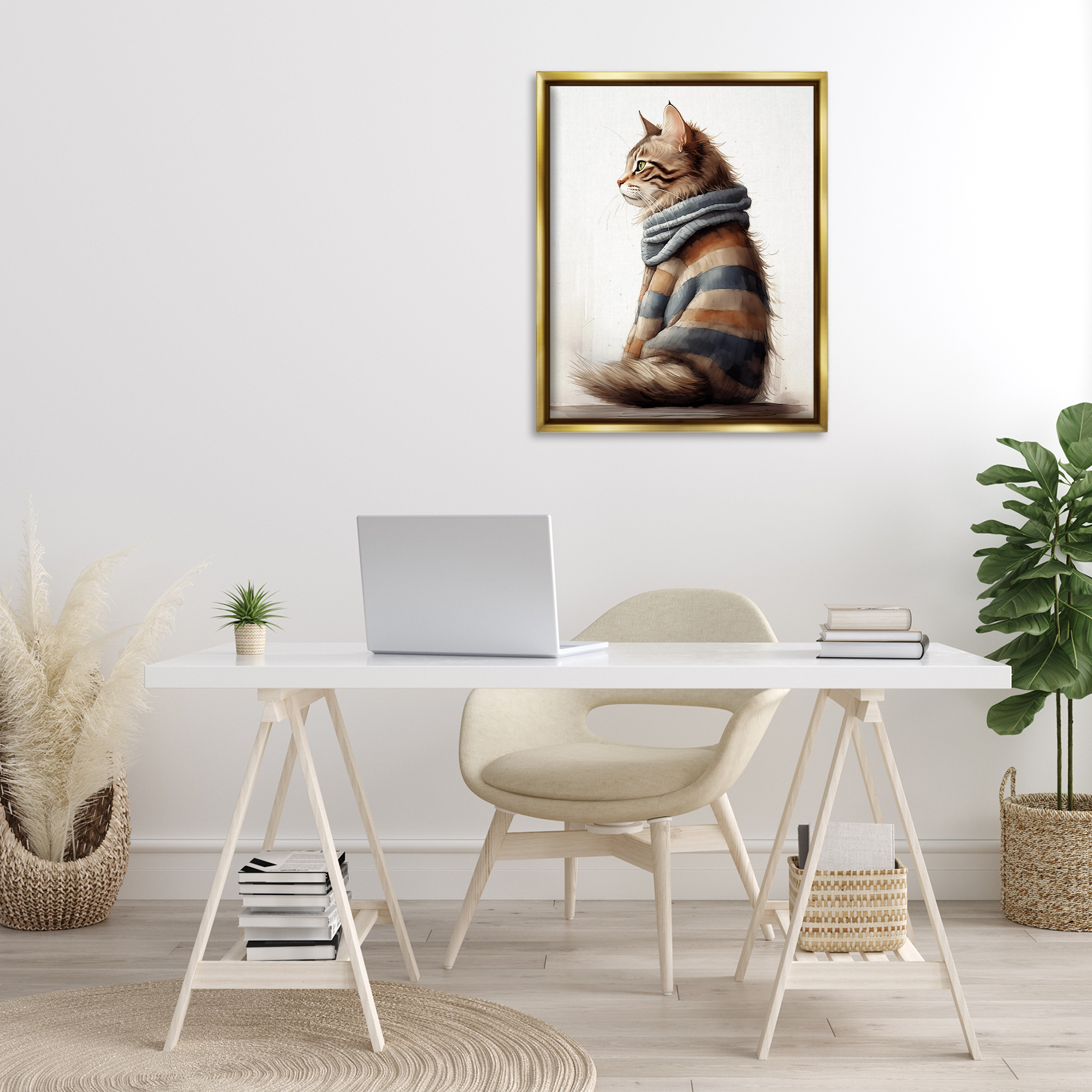 Stupell Industries Cat in Striped Sweater Animals & Insects Painting Gold Floater Framed Canvas Art Print Wall Art, 25 x 31