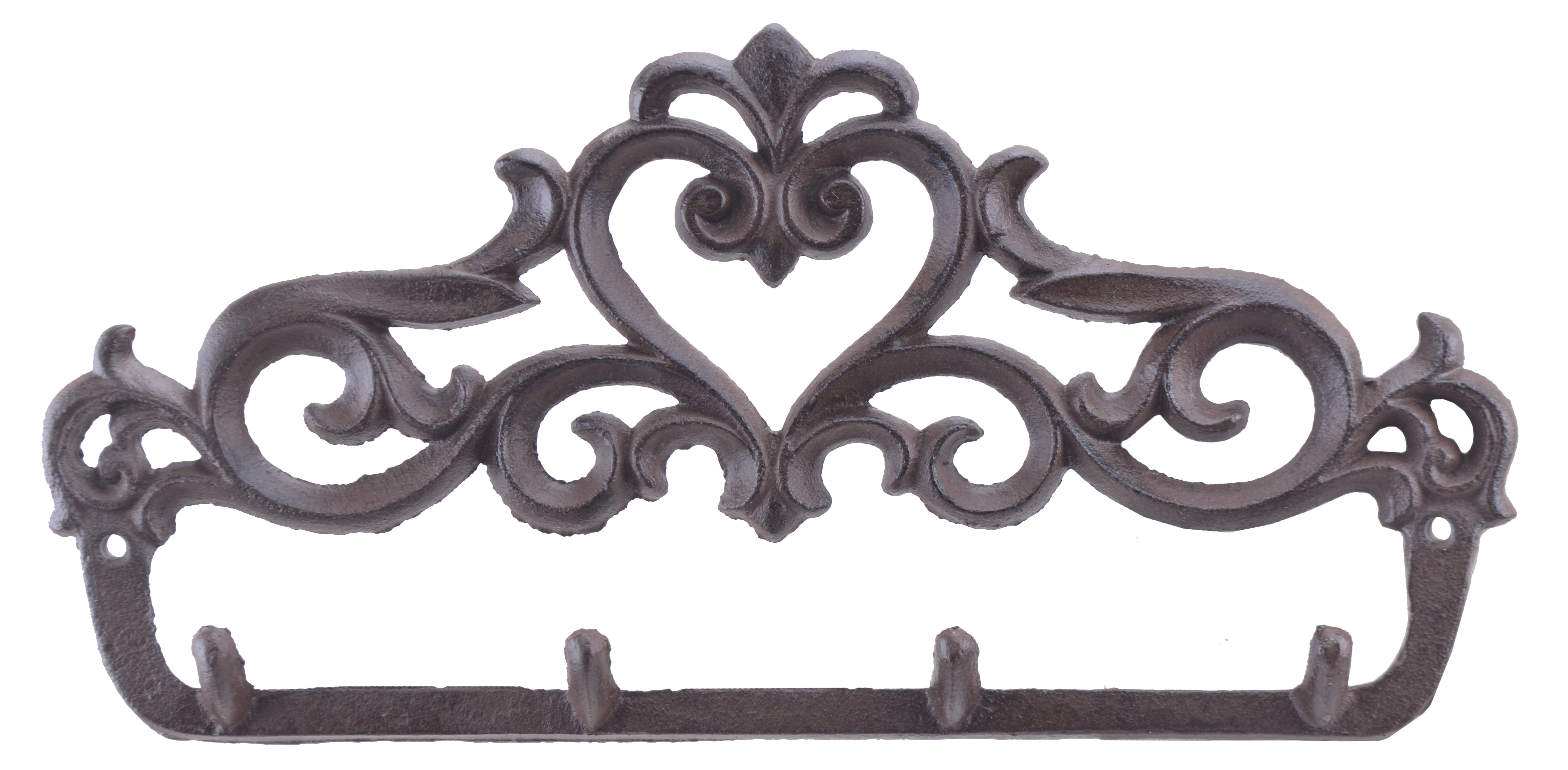 Wall Hook Rack Ornate Heart Victorian Style With 4 Hooks 12" Wide Brown