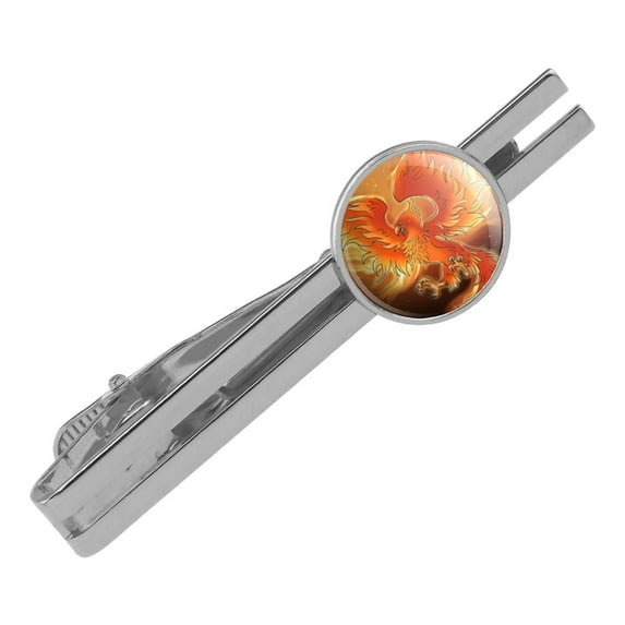 Phoenix Rising from the Flames Round Tie Bar Clip Clasp Tack Silver Color Plated