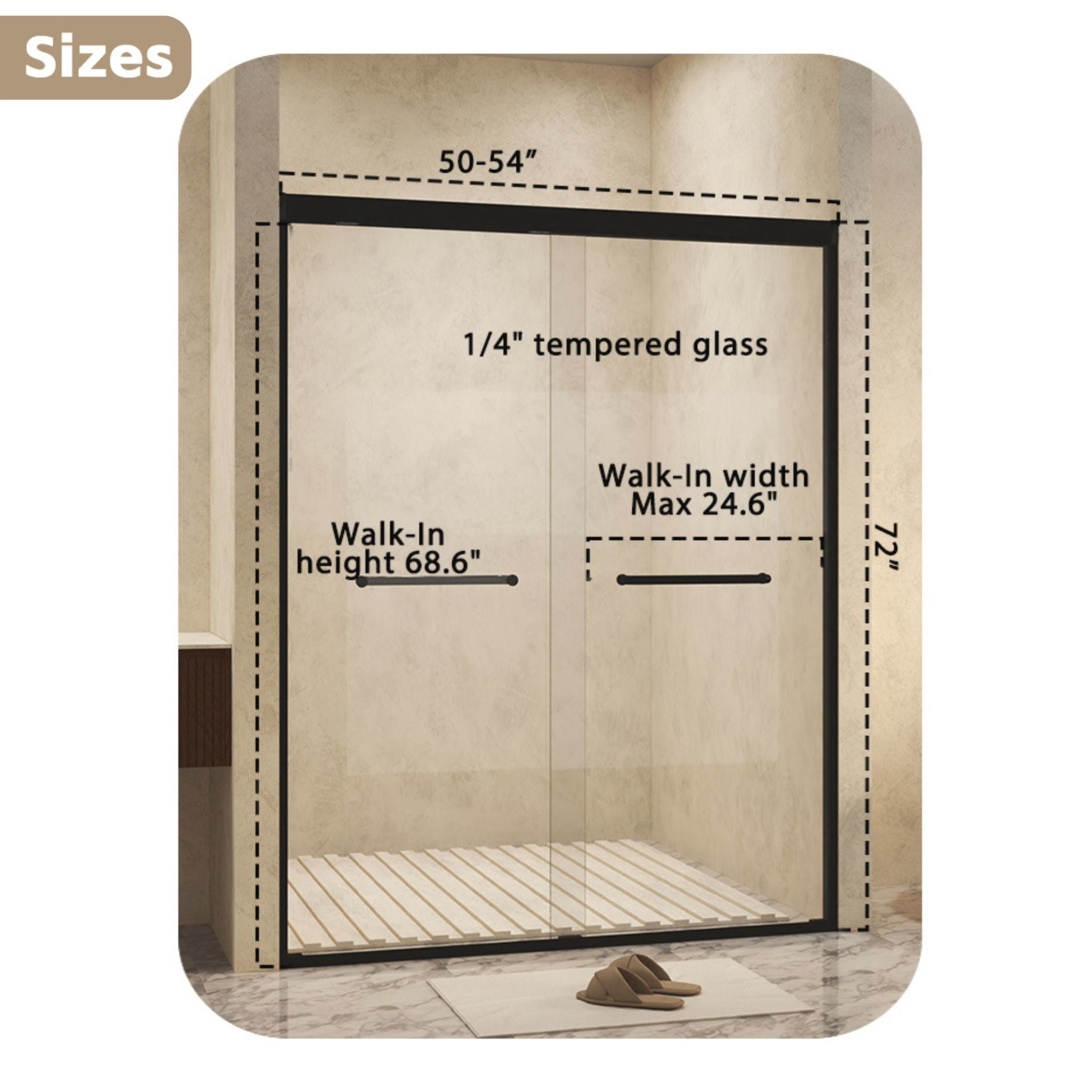 Noble House 54"x72" Double Sliding Shower Door, Aluminum Frame with Tempered Glass, Matte Black Finish