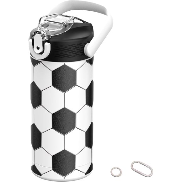 MYFOREST 13oz/400ml Insulated Kids Water Bottle, Surgical Grade Steel, High-Resolution Original Pattern, Dishwasher-Safe, Name Badge, Carabiners (Soccer/Football)