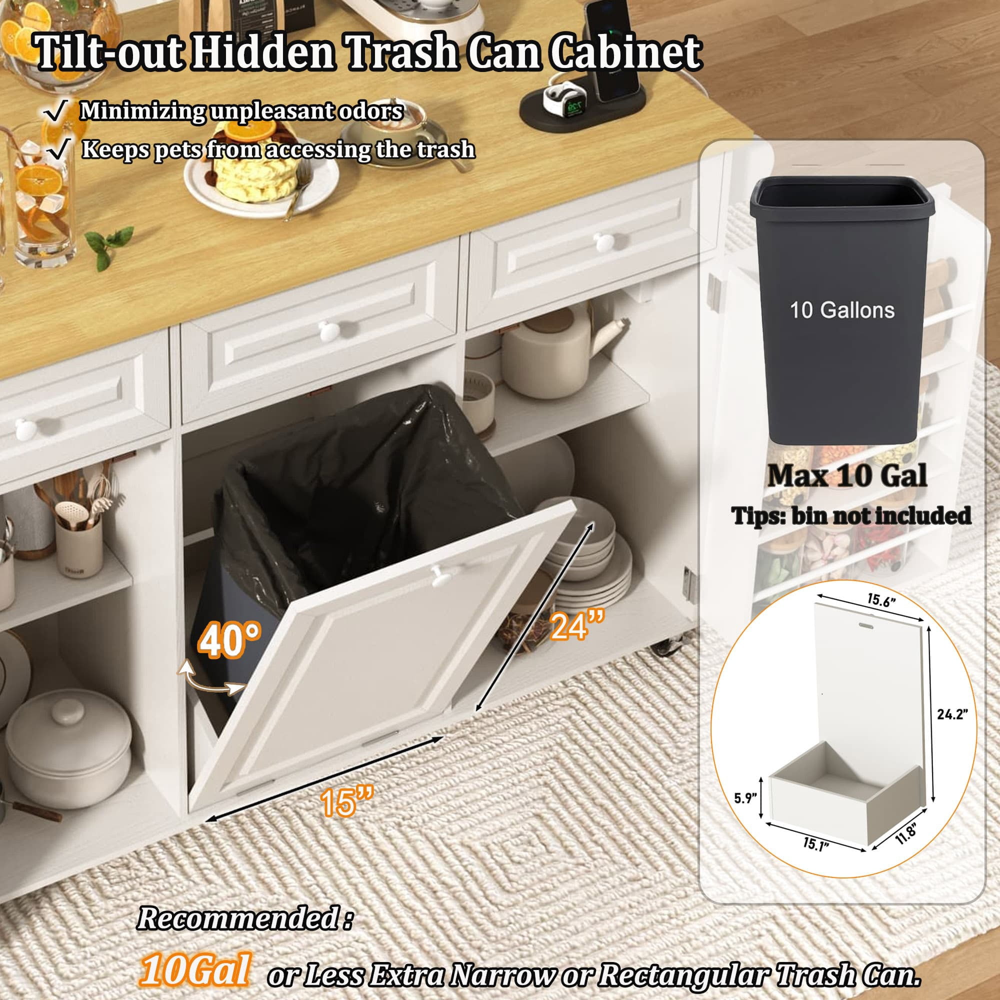 63" Drop-Leaf Kitchen Island Cart with & Sliding Top, Rolling Island Table with Trash Can Storage & Power Outlet, 100lbs Load Capacity
