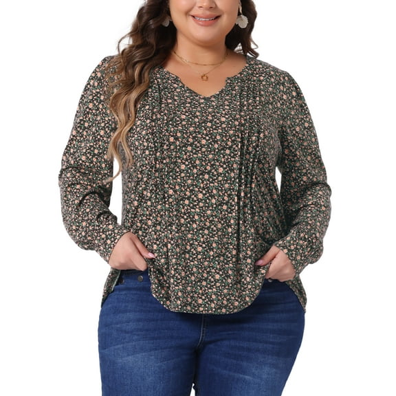 DARING DIVA Women's Plus Pleated Notch V Neck Floral Tunic Blouse 1X Brown Orange