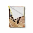 thumbnail image 2 of Sea Soft Flannel Fleece Blanket, Sailing Themed Photo with Sunset Beyond the Mountains Lakeside Composition, Cozy Plush for Indoor and Outdoor Use, 70" x 90", Yellow Blue and Brown, by Ambesonne, 2 of 6