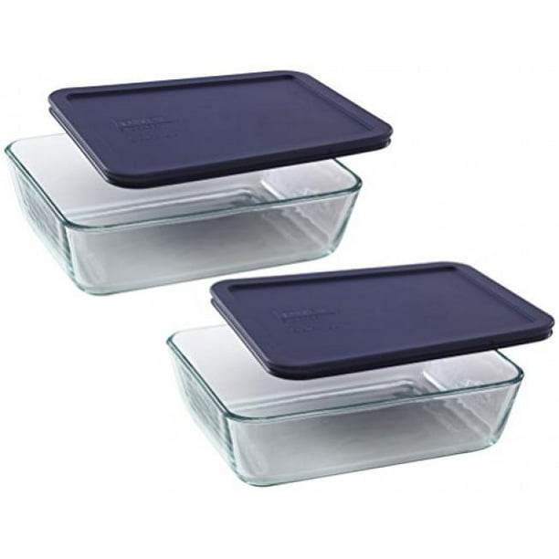 Pyrex Storage 6Cup Rectangular Dish with Dark Blue Plastic Cover, Clear, Box of 2 Containers
