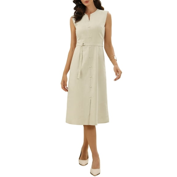 Linen Dresses for Women 2026 Summer Sleeveless Crew Neck Elegant Office Work Dresses with Belt XS Apricot