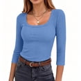 thumbnail image 5 of Hurxie Womens 3/4 Sleeve Scoop Neck Top Ribbed Knit Slim Fitted Casual Basic Tee Shirts Trendy Work T-Shirt Outfits Blue,S, 5 of 7