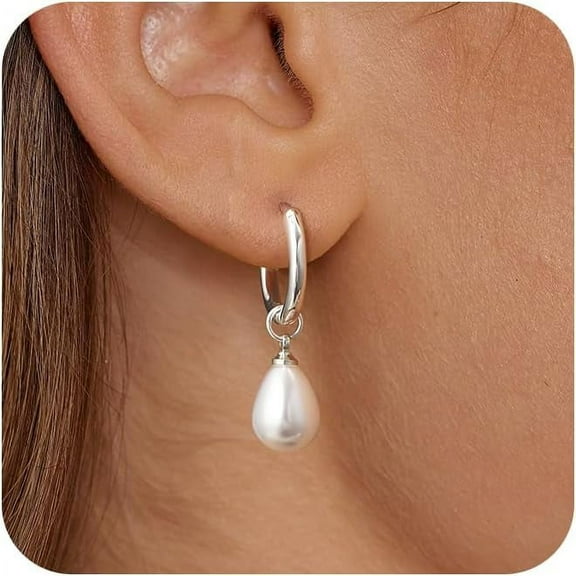 XBage Gold Pearl Dangle Earrings For Women, 14K Gold Plated Small Pearl Drop Huggie Hoop Earrings, Hypoallergenic Dainty Gold Earrings Wedding Jewelry Gifts For Women Trendy[H4706]