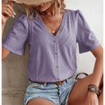 thumbnail image 3 of Women Hollow Short Sleeve Top V Neck Casual Loose Fitting Button Front Summer T Shirt Top Purple XL, 3 of 5