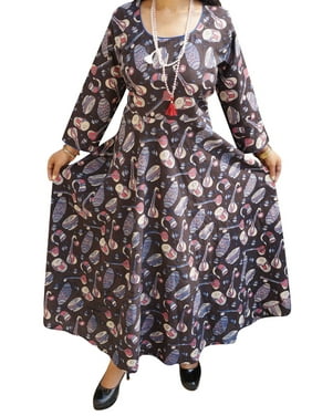 Mogul Womens Musical Instrument Print Flare Summer Long Dress Round Neck Long Sleeves Cotton Sundress S/M