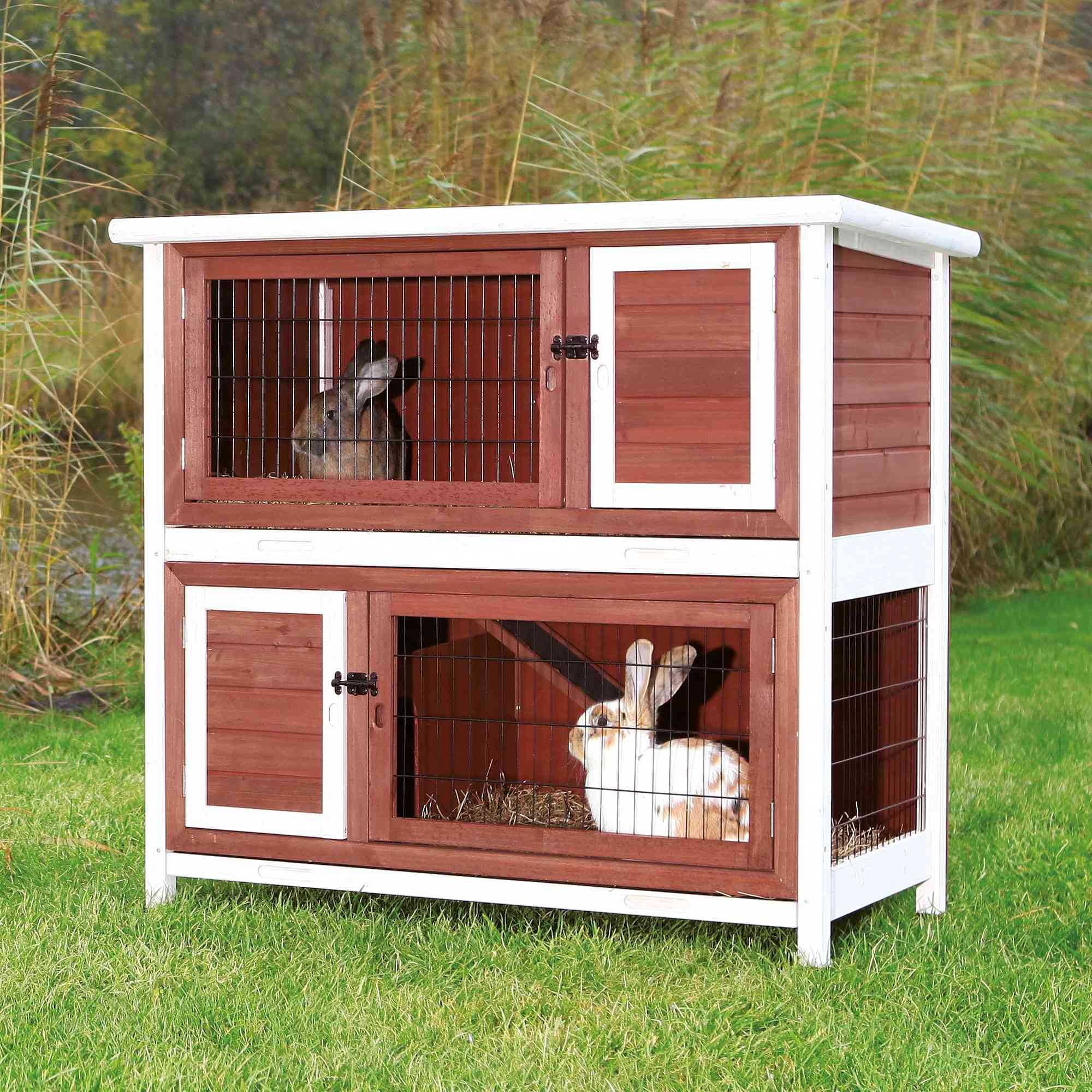 TRIXIE natura Double Weatherproof Outdoor 2-Story Wooden Small Animal Hutch with & Pull-Out Trays & Ramp, Auburn