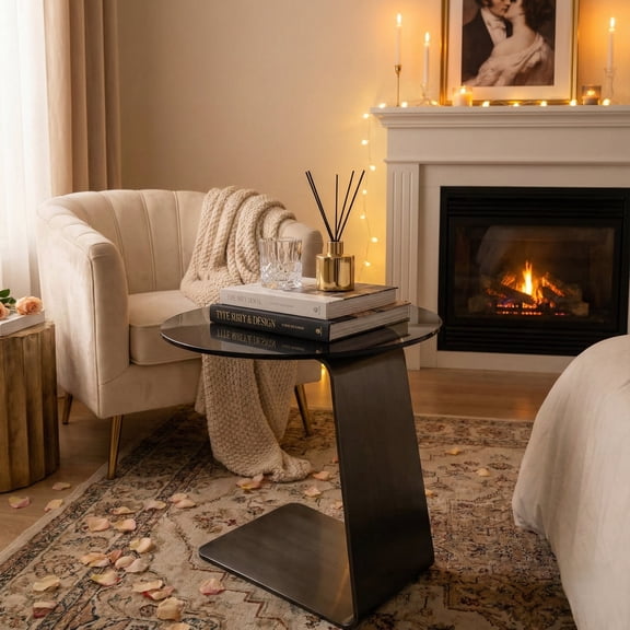 Sumdeal Modern C-Shaped Side Table with Smoked Grey Tempered Glass & Brushed Stainless Steel Base