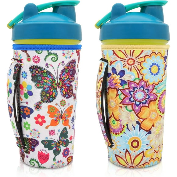 UTAH-2Pack Reusable Neoprene Insulator Water bottle holder Sleeves with Handle Compatible with 28 oz Blender Bottle, YETI Rambler 20 oz, Stanley 20oz Tumbler and more(Bright Floral + Butterfly)