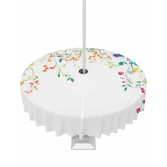 Hokiten Outdoor Tablecloths with Umbrella Hole & Zipper, Flower Leaf Round Tablecloth 54 Inch, Country Style Colored Flower Branch Plant Waterproof Table Cloth, Patio/Pool/Picnic Table Covers