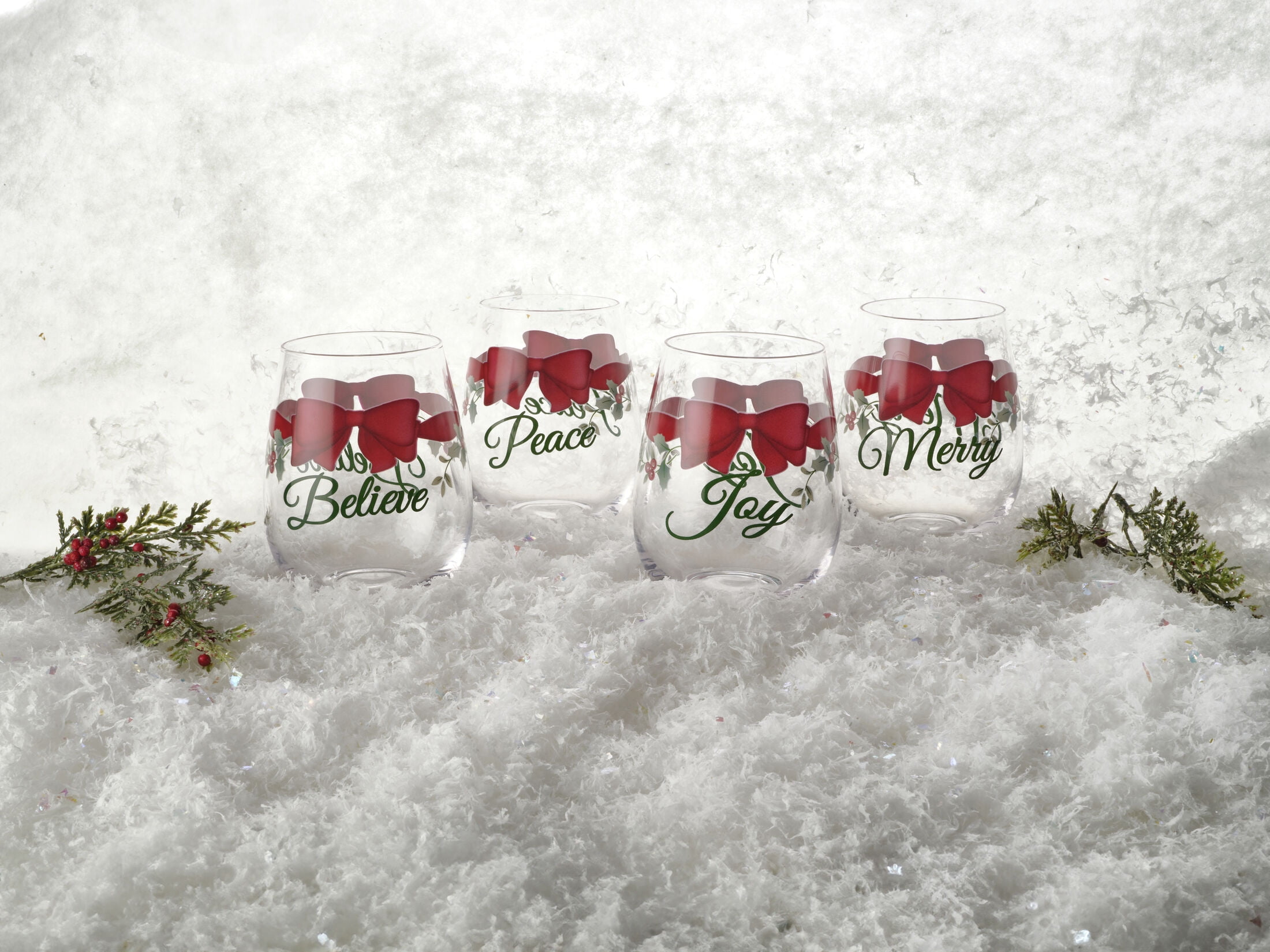 Pfaltzgraff Winterberry 19.3 oz Stemless Wine Red Ribbon Set of 4