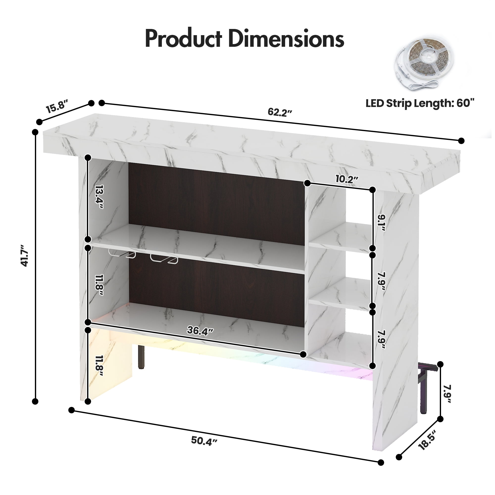 Advwin 62" Large Home Bar Unit with LED Lights & Footrest, Modern Liquor Bar Table with Glass Holders, Mini Coffee Bar Cabinet for Living Room, Kitchen, Home Pub