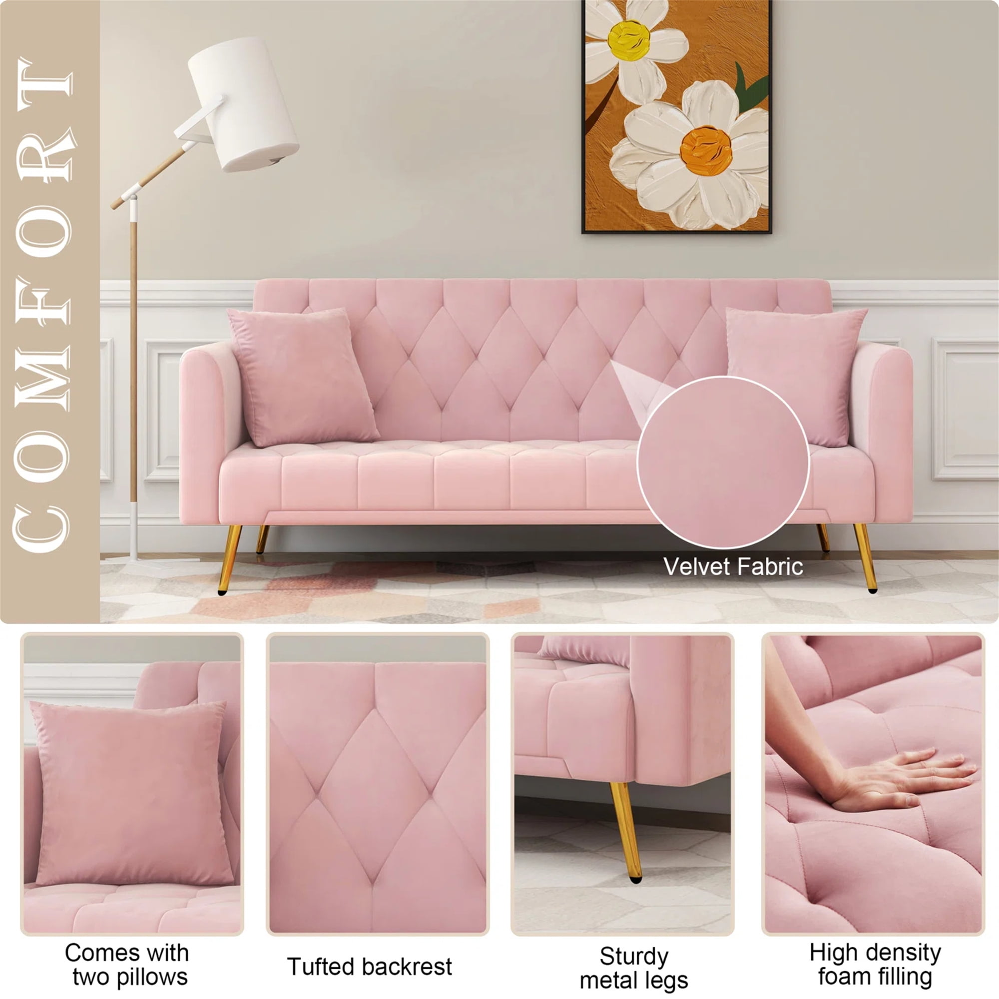 Aukfa Curved Arm Futon Convertible Sofa Bed for Home Office, 2 Pillows, Tufted Back, Velvet, Pink