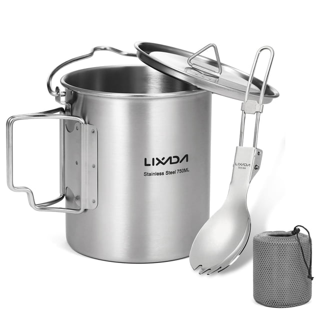 Vaso de Camping Lixada 750 ml Acero Inoxidable con Cuchara Plegable