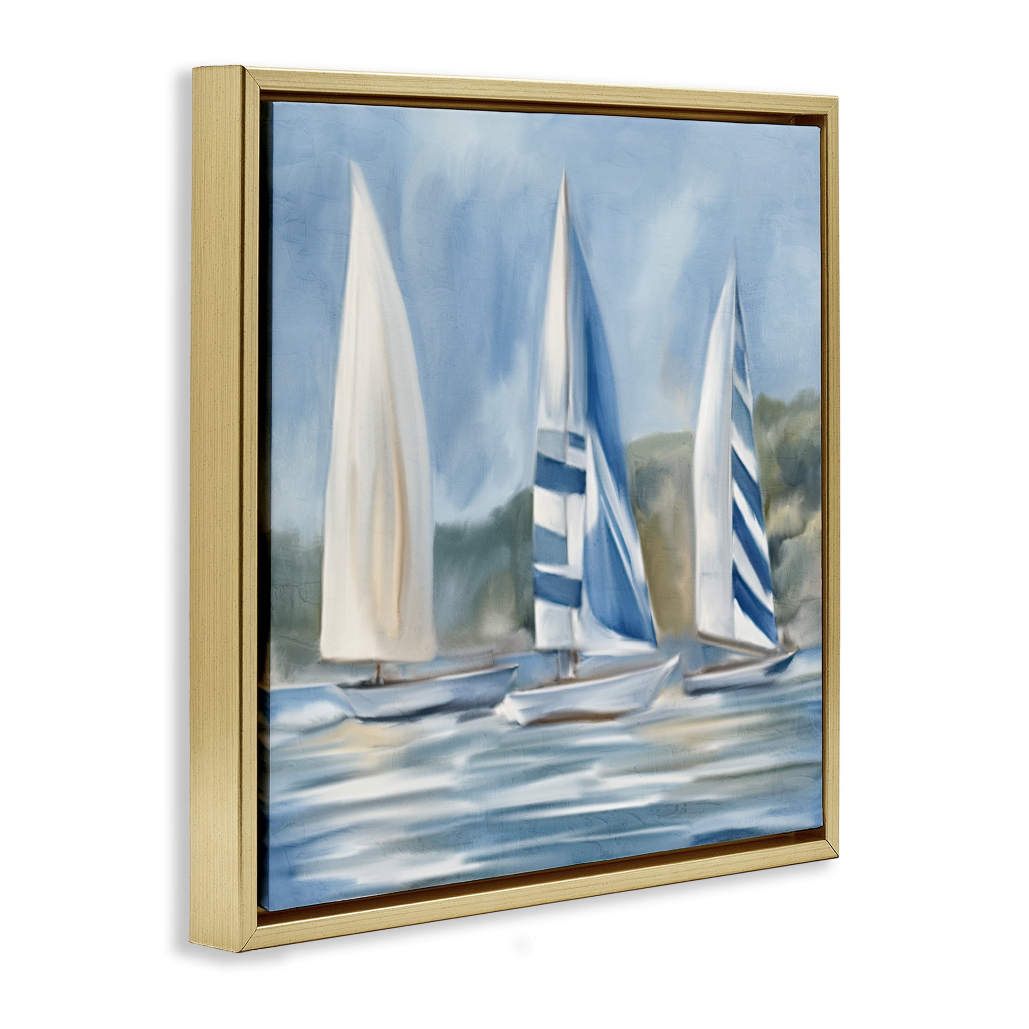 Stupell Industries Sailboat Trio Drifting Coastal Painting Gold Floater Framed Canvas Art Print Wall Art, 18 x 18